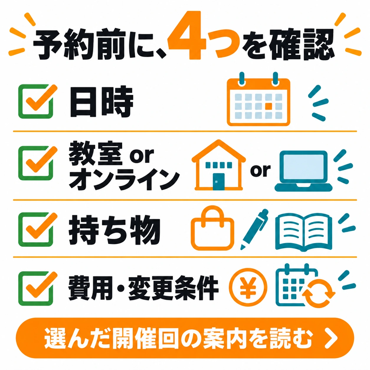 予約前に確認する4項目：日時、教室かオンラインか、持ち物、費用と変更条件